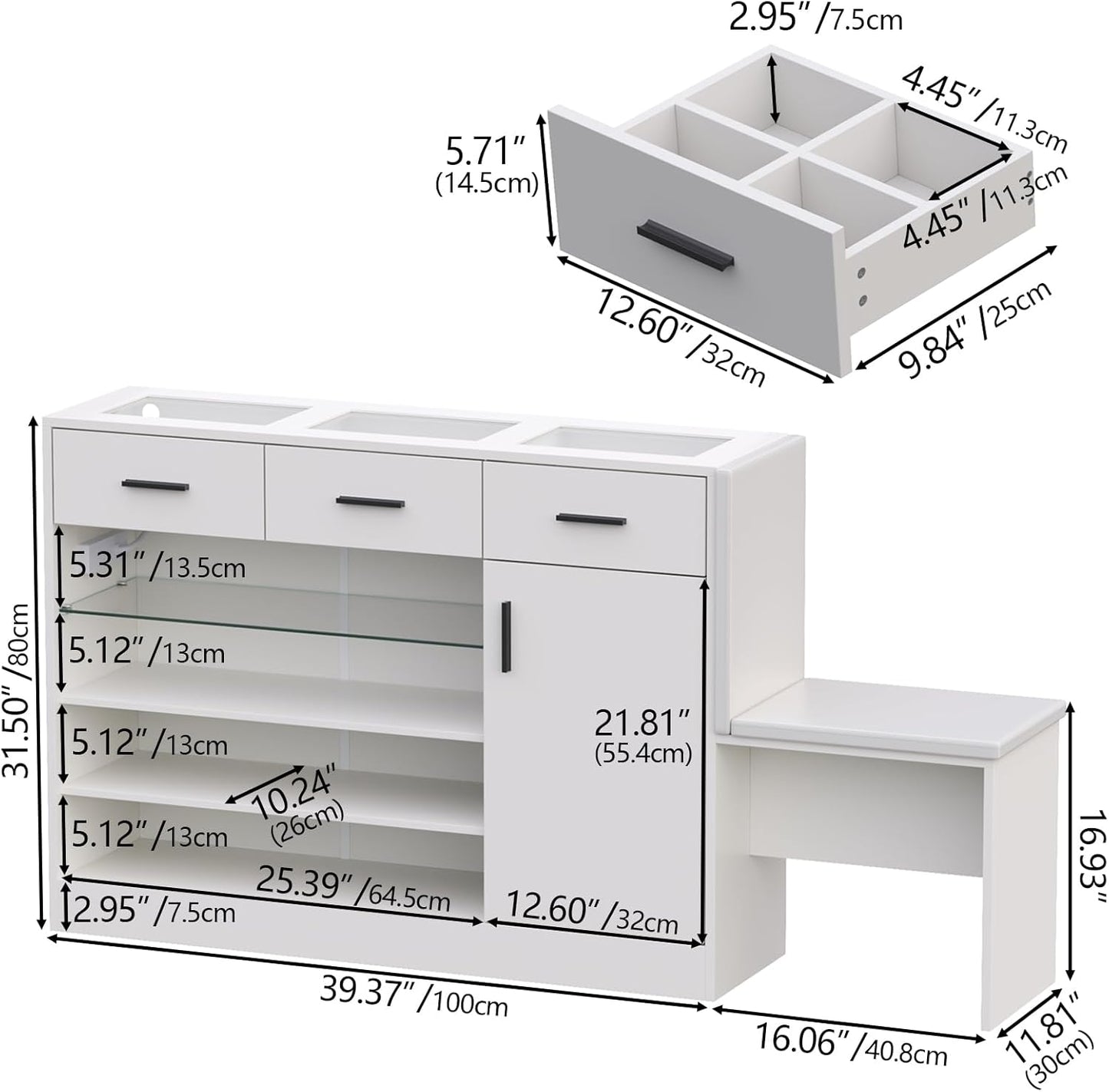 Wardrobe Armoire Closet with Charging & LED Light,Walk-in Closet Island Dresser with Glass Showcase,3 Drawers & Doors, Modern Storage Display Cabinet with Bench for Bedroom,Fitting Room & Shops(White)