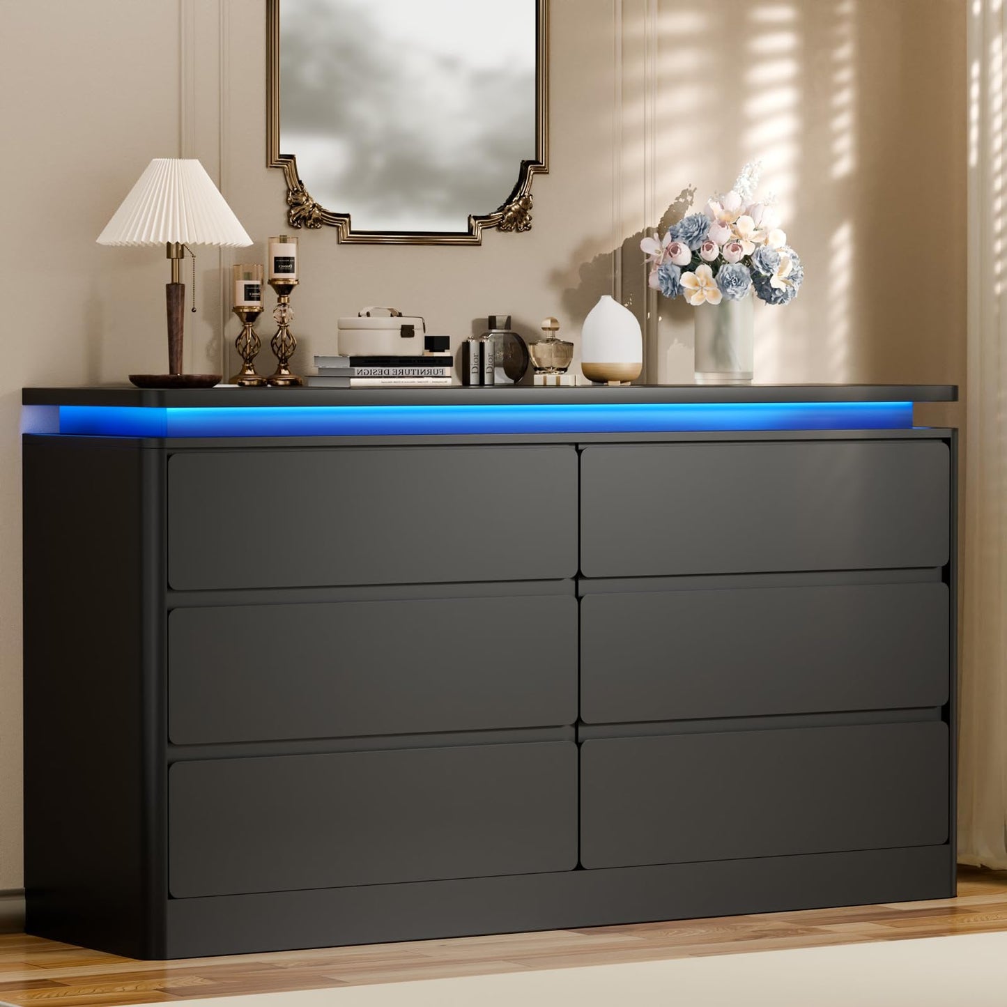 6 Drawer White Dresser for Bedroom, 47.2" Long Chest of Drawers with Charging Station & LED Lights, Double Wooden Storage Cabinet Dresser for Closet,Modern TV Stand with Deep Drawers