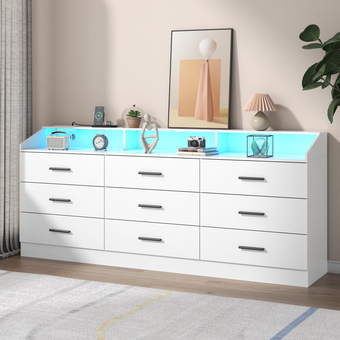 9 Drawers Dresser for Bedroom with Power Outlet, Chest of Drawers with LED Light, Modern Dressers with Open Storage Cubby, Triple Wide Dressers Organizer for Living Room (Black-)