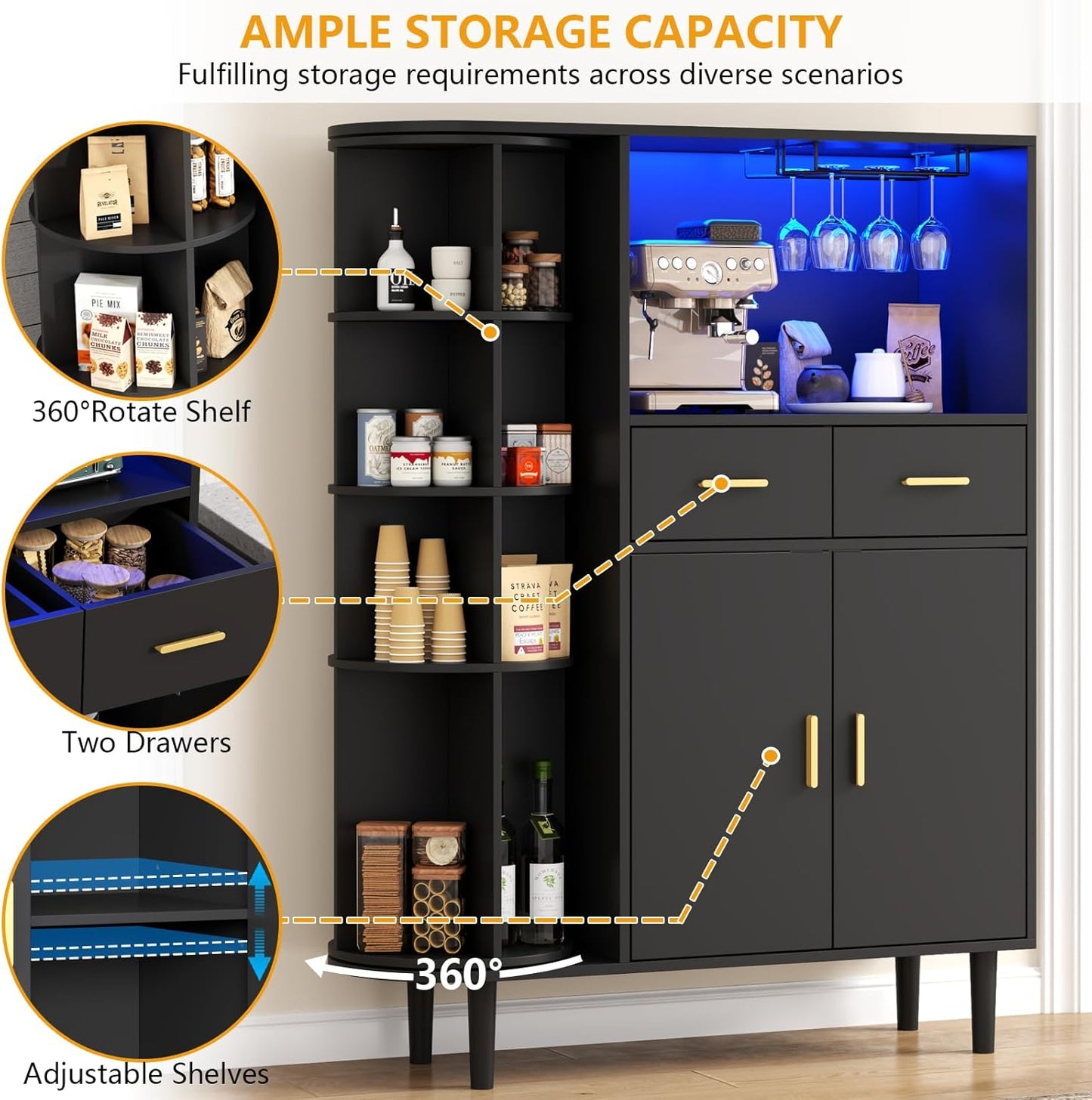 Kitchen Pantry Storage Cabinet with Charging Station and LED Lights, Freestanding Buffet Sideboards with Wine Glass Holder,Food Hutch Cabinet with Rotation 4-Tier Storage Rack for Kitchen(Black)