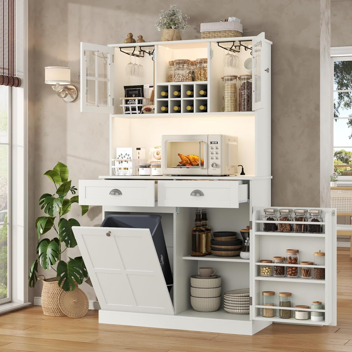 Kitchen Pantry Cabinet with Trash Can Storage, White Kitchen Hutch with Power Outlet & LED Light, Tall Bar Cabinet with Drawers & Wine Rack & Microwave Stand, Modern Pantries for Home (White)