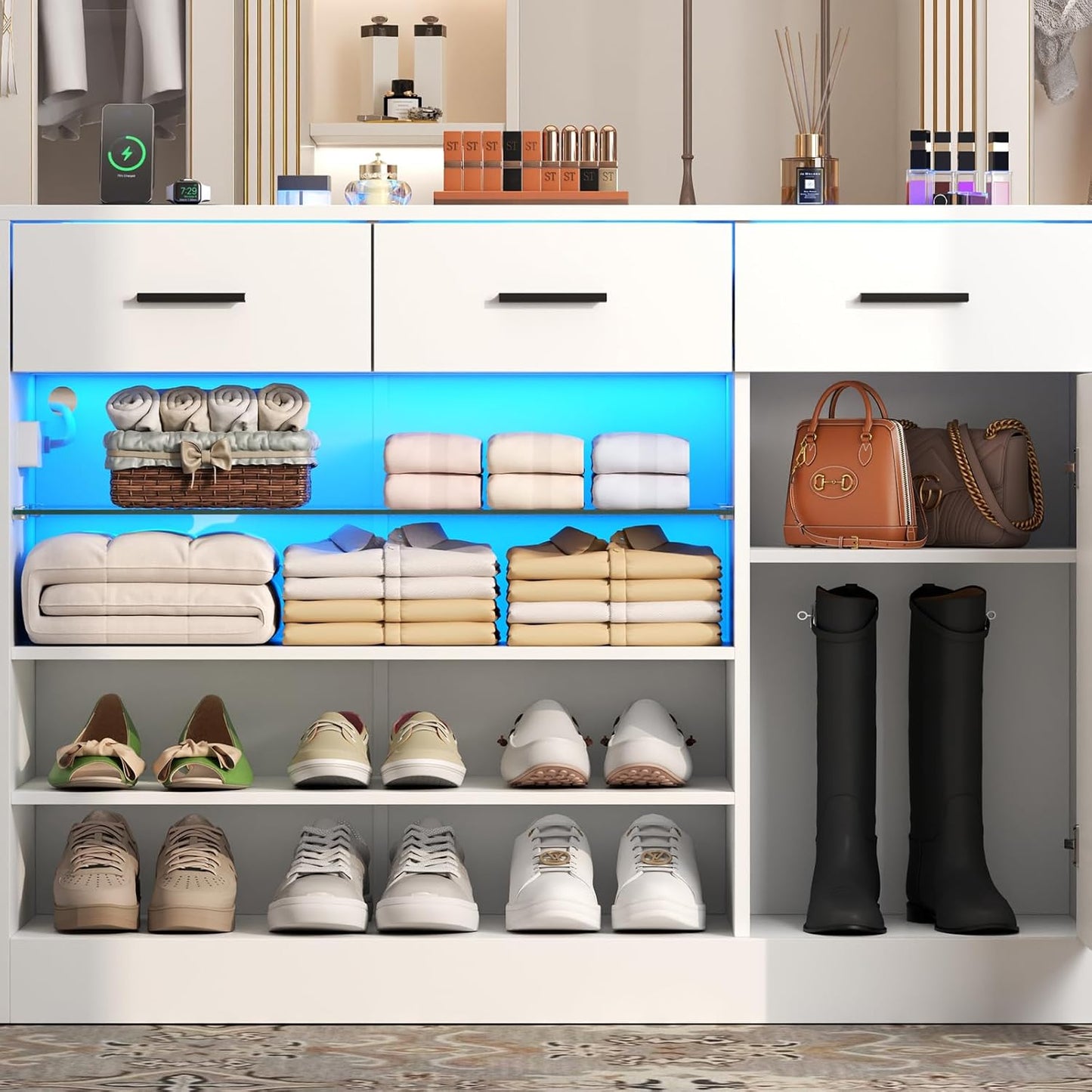 Wardrobe Armoire Closet with Charging & LED Light,Walk-in Closet Island Dresser with Glass Showcase,3 Drawers & Doors, Modern Storage Display Cabinet with Bench for Bedroom,Fitting Room & Shops(White)