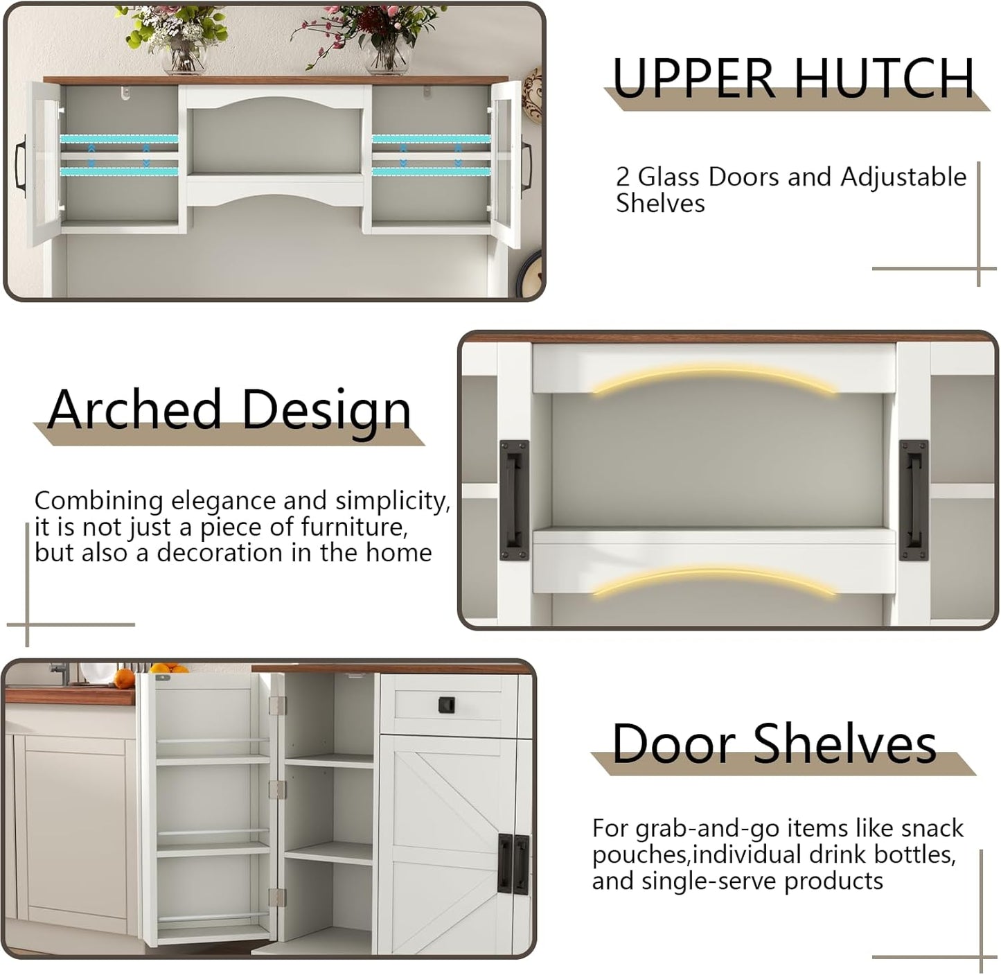 60" Tall Farmhouse Kitchen Pantry Storage Cabinet,Kitchen Hutch with Microwave Stand,Freestanding Buffet Pantry Cabinet with Glass Door and Adjustable Shelves for Dining Room (White)