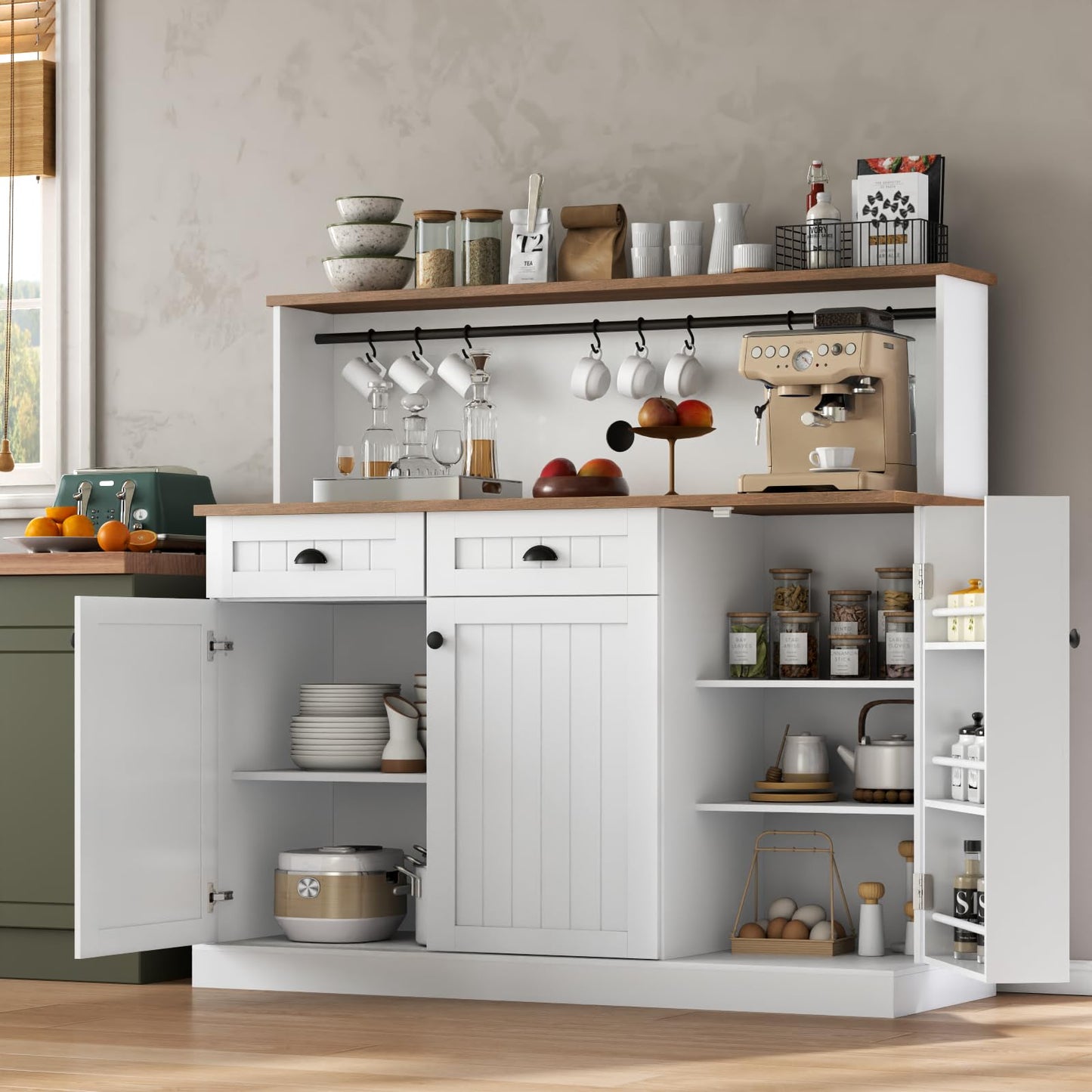 Sideboard Buffet Cabinet with 2 Drawers, Farmhouse Kitchen Pantry with Adjustable Shelves, Coffee Bar Cupboard Cabinet with 3 Doors for Kitchen, Dining Room (Black)