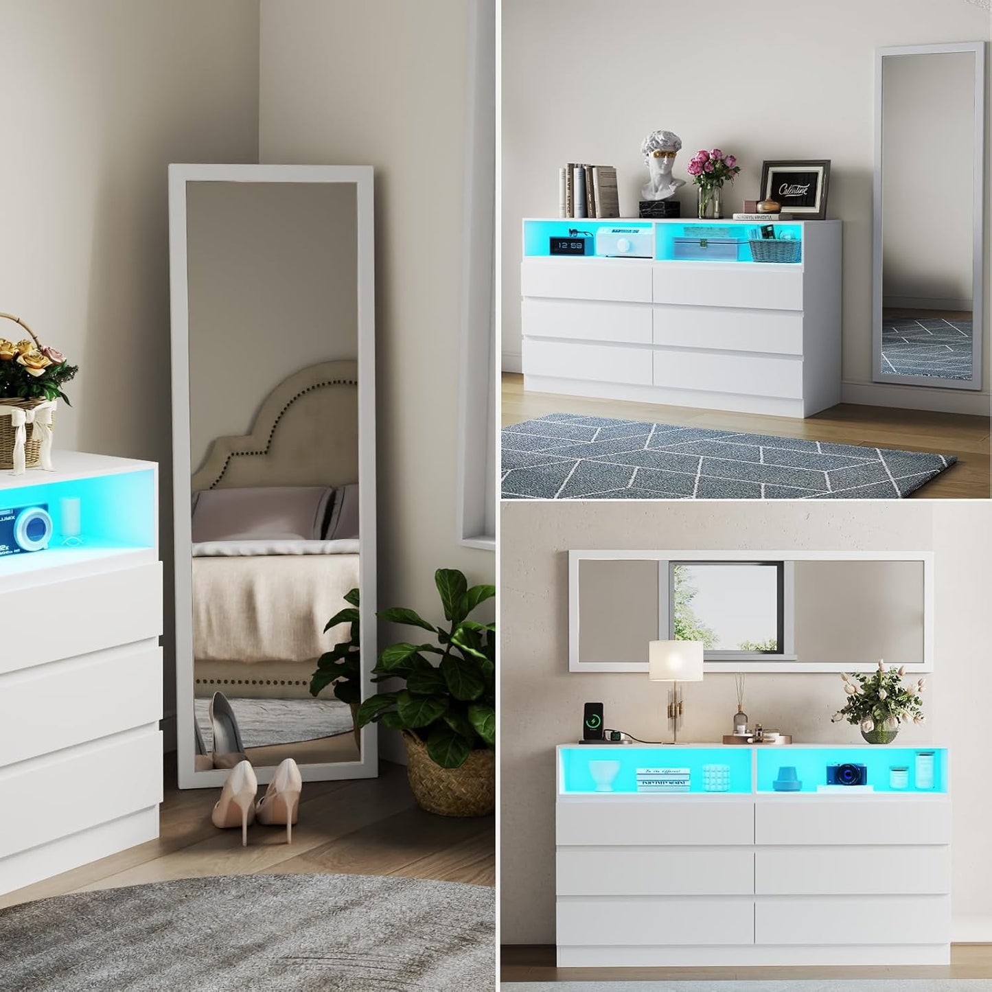 Dresser for Bedroom with Full Length Mirror 48"x16", White Storage Cabinet with Power Outlet, 6 Drawer Dresser with LED Light, Modern Dressers with Charging Station(White)