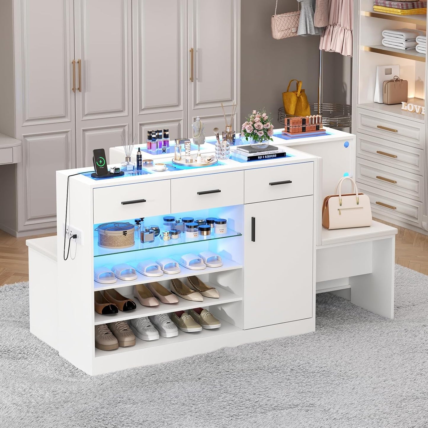 Wardrobe Armoire Closet with Charging & LED Light,Walk-in Closet Island Dresser with Glass Showcase,3 Drawers & Doors, Modern Storage Display Cabinet with Bench for Bedroom,Fitting Room & Shops(White)