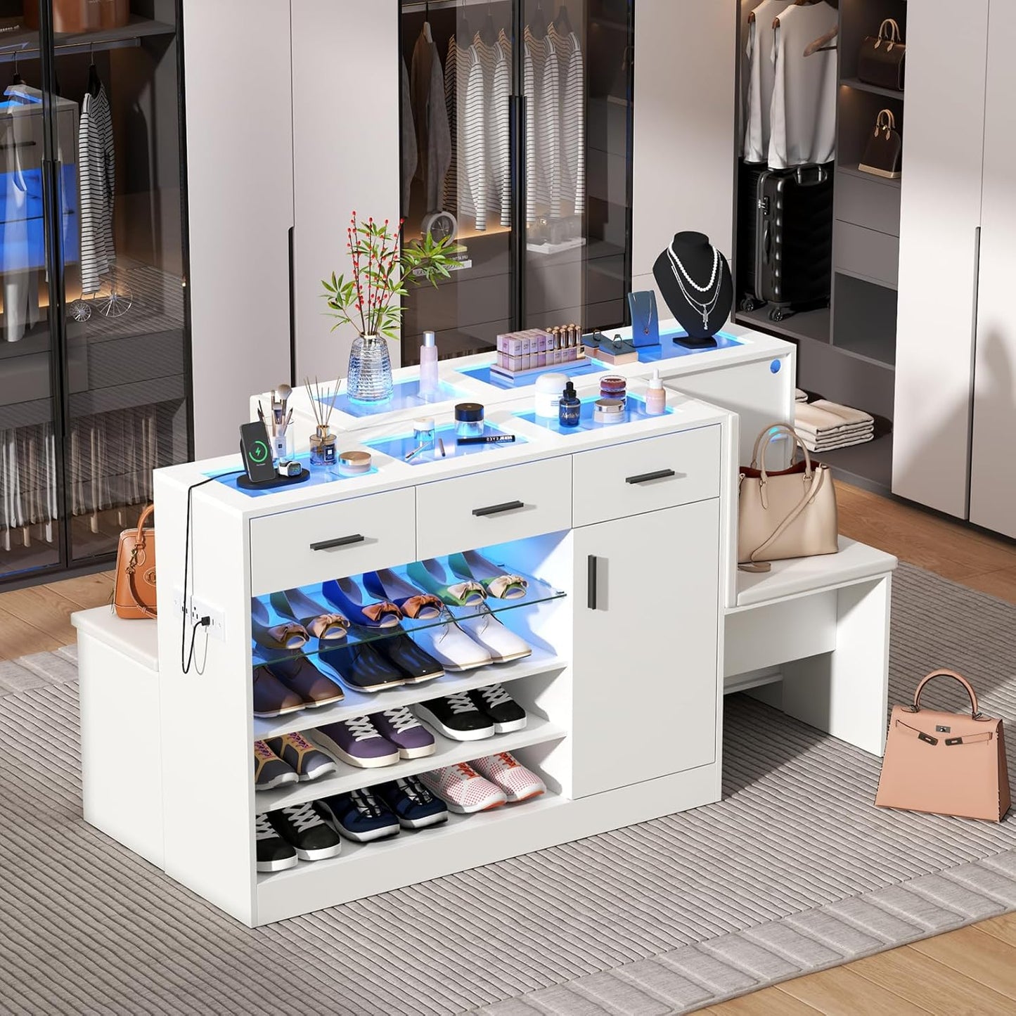 Wardrobe Armoire Closet with Charging & LED Light,Walk-in Closet Island Dresser with Glass Showcase,3 Drawers & Doors, Modern Storage Display Cabinet with Bench for Bedroom,Fitting Room & Shops(White)