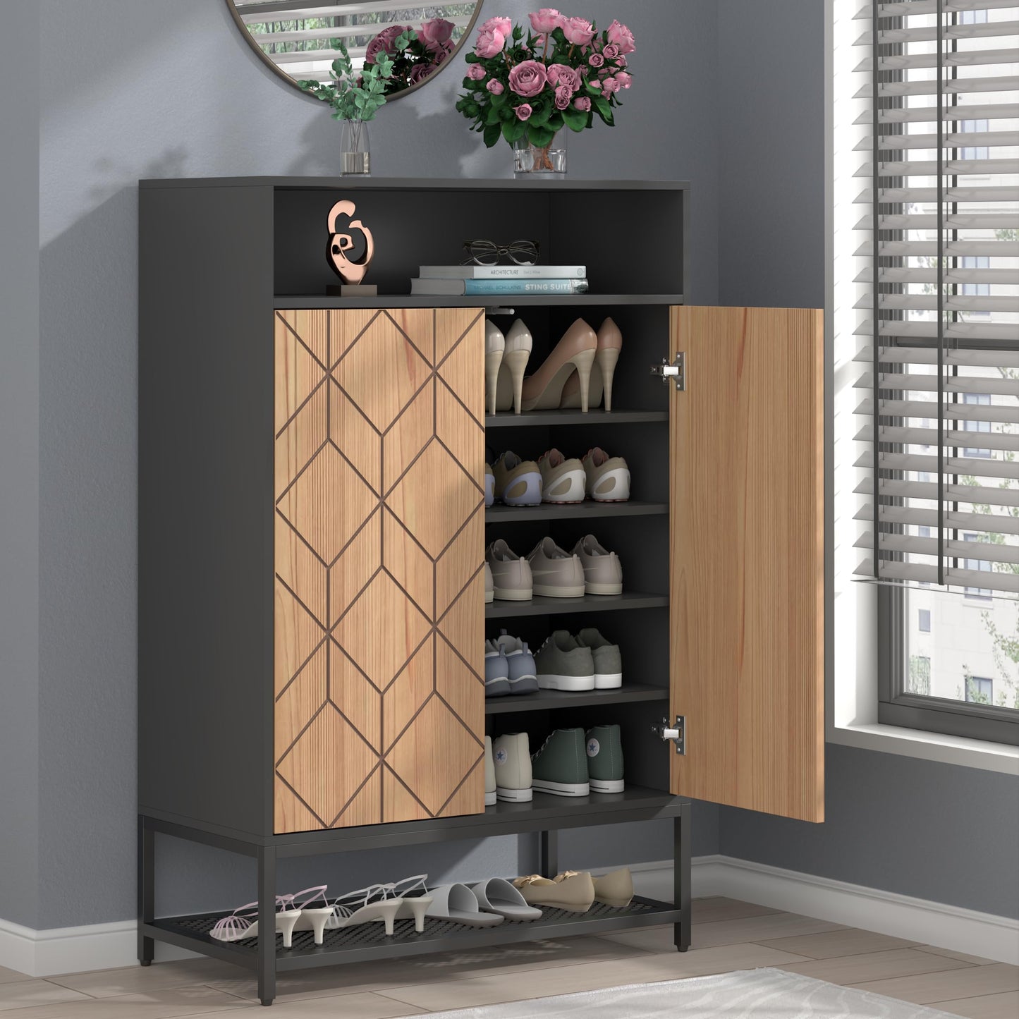 Rattan Shoe Organizer with Doors, Shoe Storage Cabinet with Adjustable Shelves for Entryway, 7-Tier Entryway Shoe Rack Storage for Hallway, Closet, Living Room