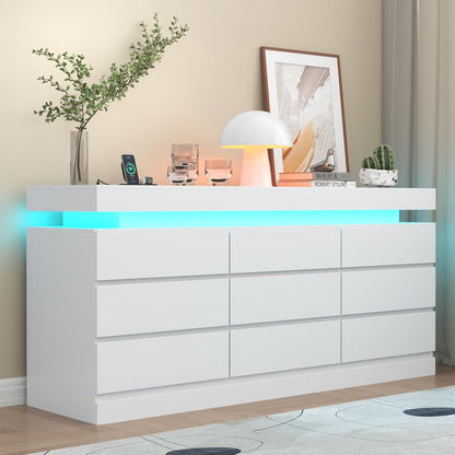 6 Drawer Dresser with Power Outlet, Dresser with LED Light, Modern Chest of Drawers for Closet, Double Wide Drawer Organizer Cabinet for Bedroom, Living Room (Black, 6 Drawers)