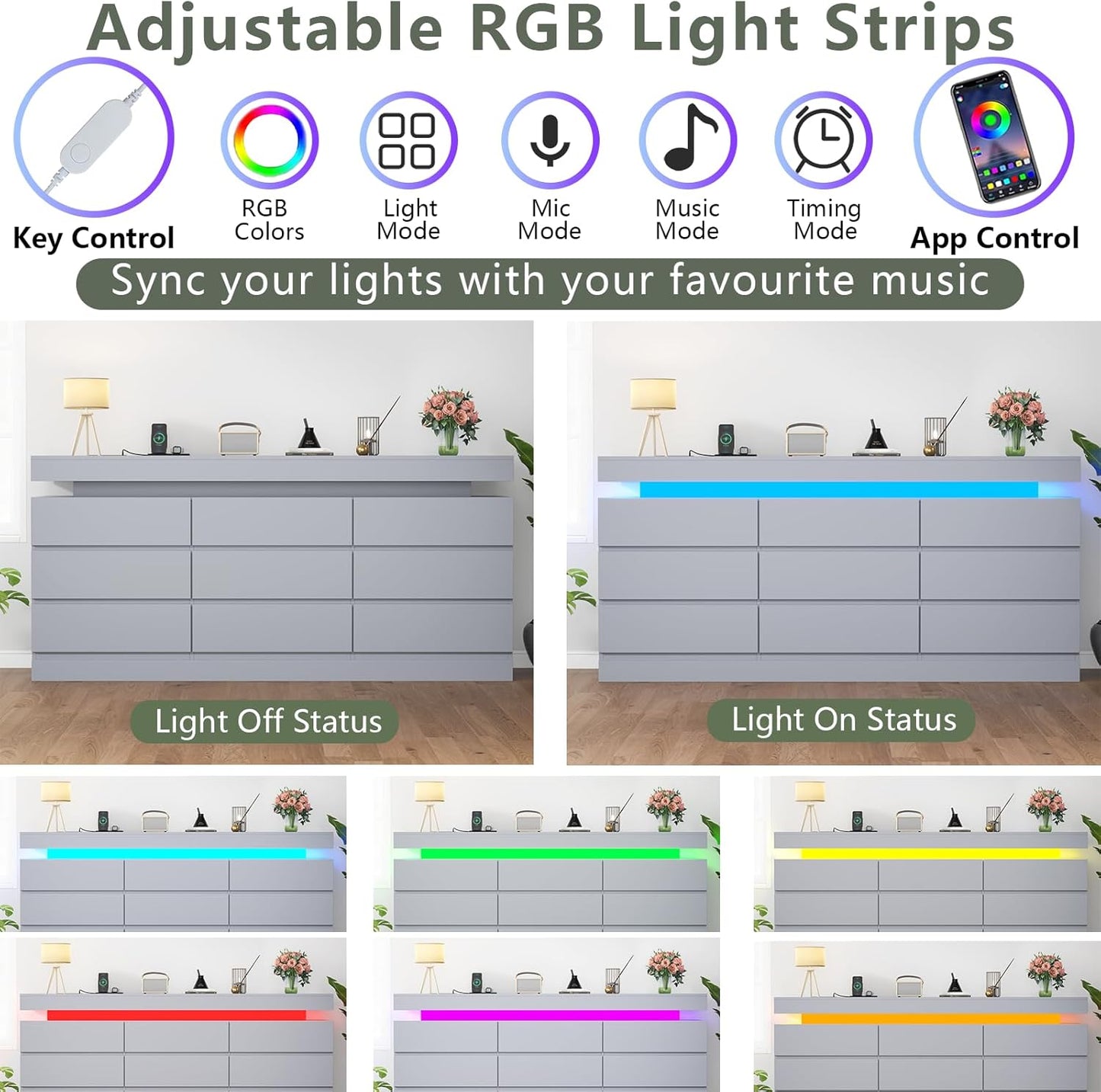 6 Drawer Dresser with Power Outlet, Dresser with LED Light, Modern Chest of Drawers for Closet, Double Wide Drawer Organizer Cabinet for Bedroom, Living Room (Black, 6 Drawers)