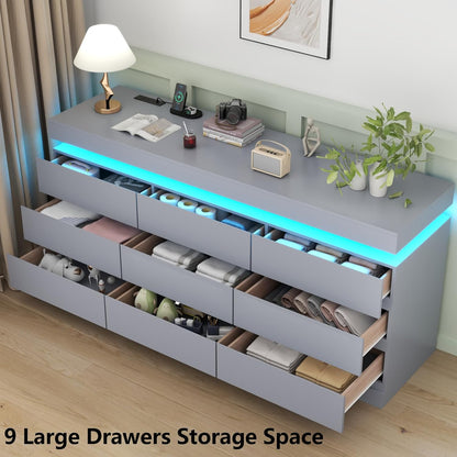 6 Drawer Dresser with Power Outlet, Dresser with LED Light, Modern Chest of Drawers for Closet, Double Wide Drawer Organizer Cabinet for Bedroom, Living Room (Black, 6 Drawers)