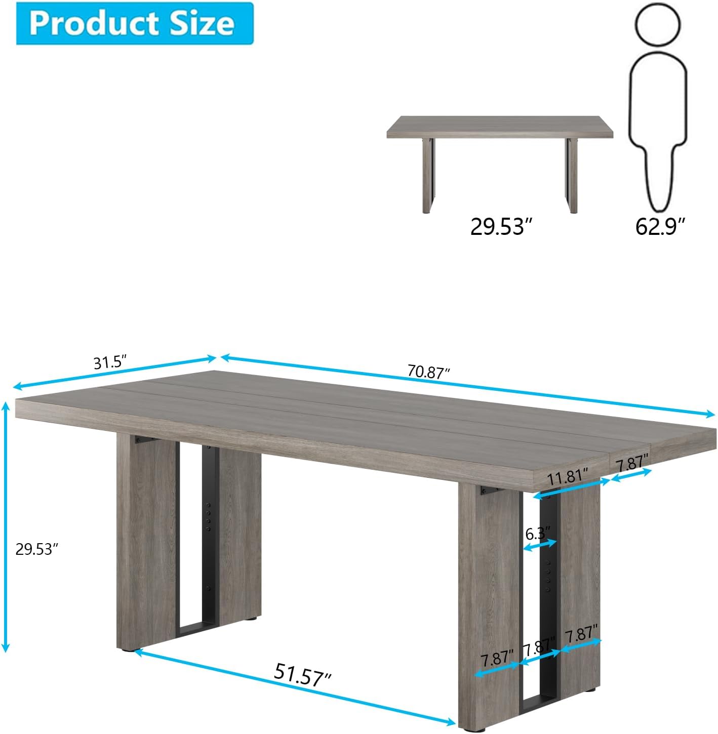 71" Large Dining Table, Rustic Farmhouse Dinner Table for 6 to 8 People, Rectangular Thick Kitchen Table with Heavy Duty Legs for Dining Room (Rustic Gray)