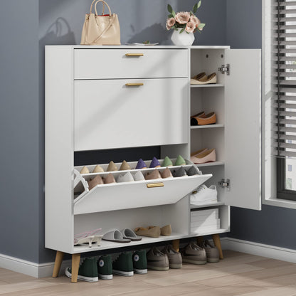 Shoe Storage Cabinets, 16 Pairs Free Standing Shoe Organizer with 2 Flip Drawers for Entryway, Narrow 3 Tier Entryway Hidden Shoe Rack with Doors (Upgraded Rustic)