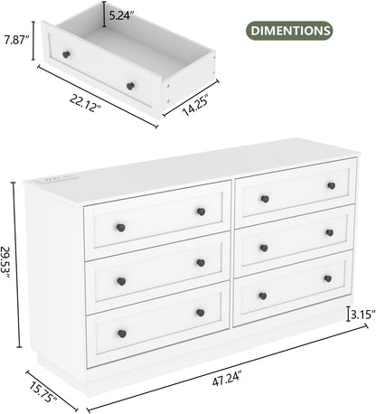 6 Drawer Dresser with Power Outlet and LED Light, Modern Floating Storage Dresser for Bedroom, Living Room
