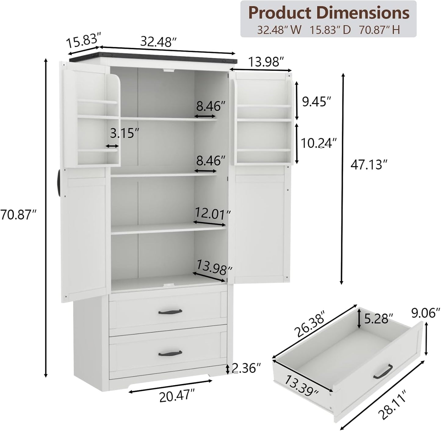 Tall Farmhouse Kitchen Cabinet with Sensor Light, Food Pantry Cabinet with 2 Large Drawers and Adjustable Shelves, Traditional Freestanding Cupboard with Doors for Kitchen (White)