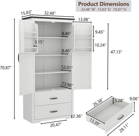 Tall Farmhouse Kitchen Cabinet with Sensor Light, Food Pantry Cabinet with 2 Large Drawers and Adjustable Shelves, Traditional Freestanding Cupboard with Doors for Kitchen (White)