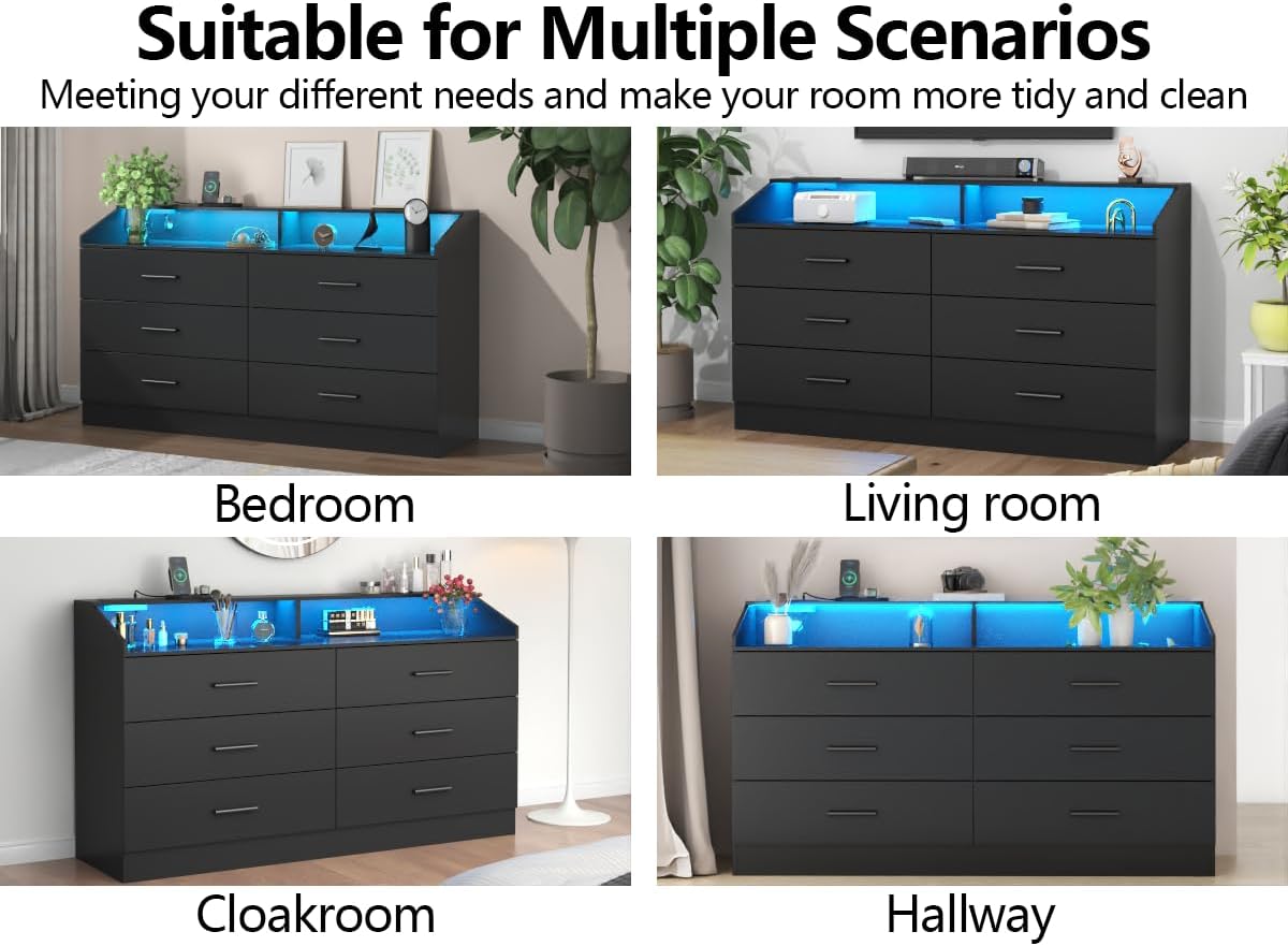 6 Drawer Dresser with Charging Station, Dresser for Bedroom with LED Light, Chest of Drawers for Closet, Modern Dressers with Open Storage Cubby, Double Wide Dressers for Living Room (Black)