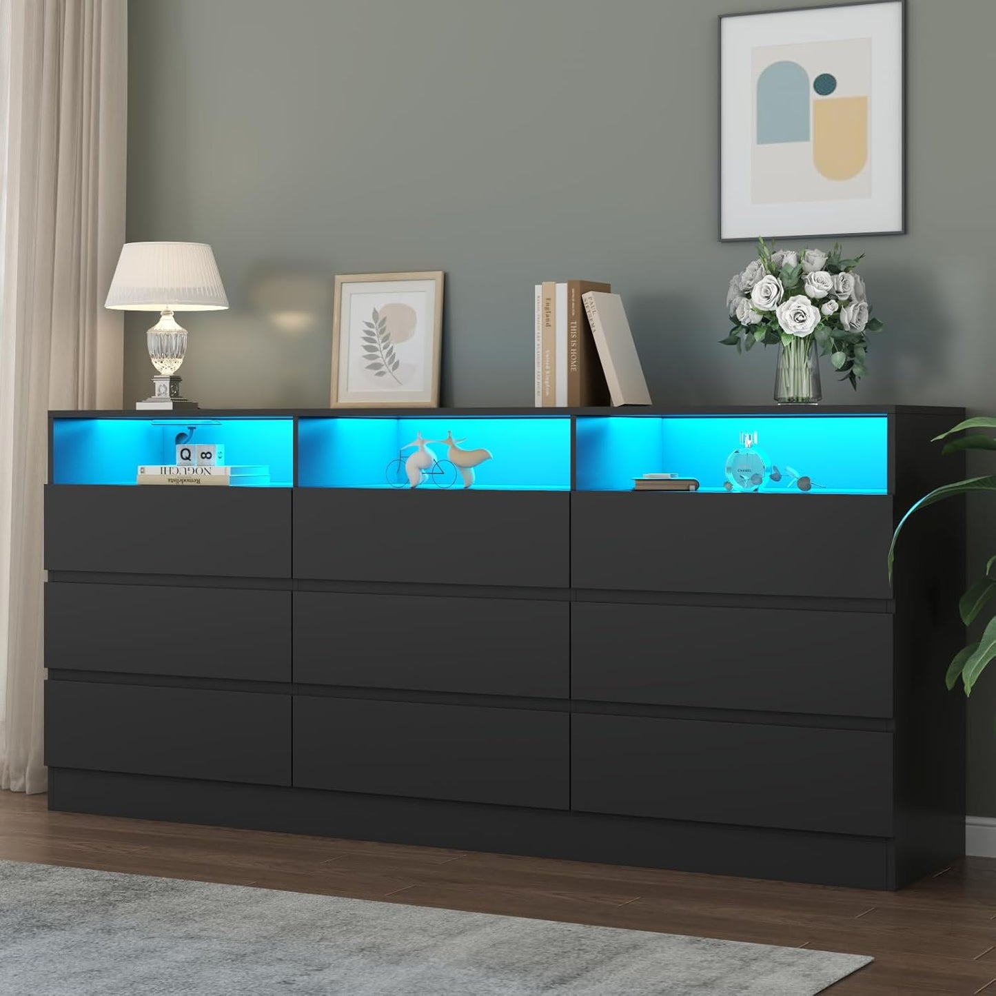 9 Drawers Dresser with Power Outlet, LED Large Dressers Chest with Handle Free Drawers, Modern Long Dressers Storage Cabinet for Closet Living Room (Black)