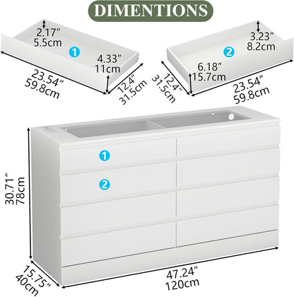 8 Drawer Dresser with Glass Top & Power Outlet, White Dresser for Bedroom with LED Light, Modern Chest of Drawer Double Wide Drawers Organizer Cabinet for Bedroom, Living Room (White)