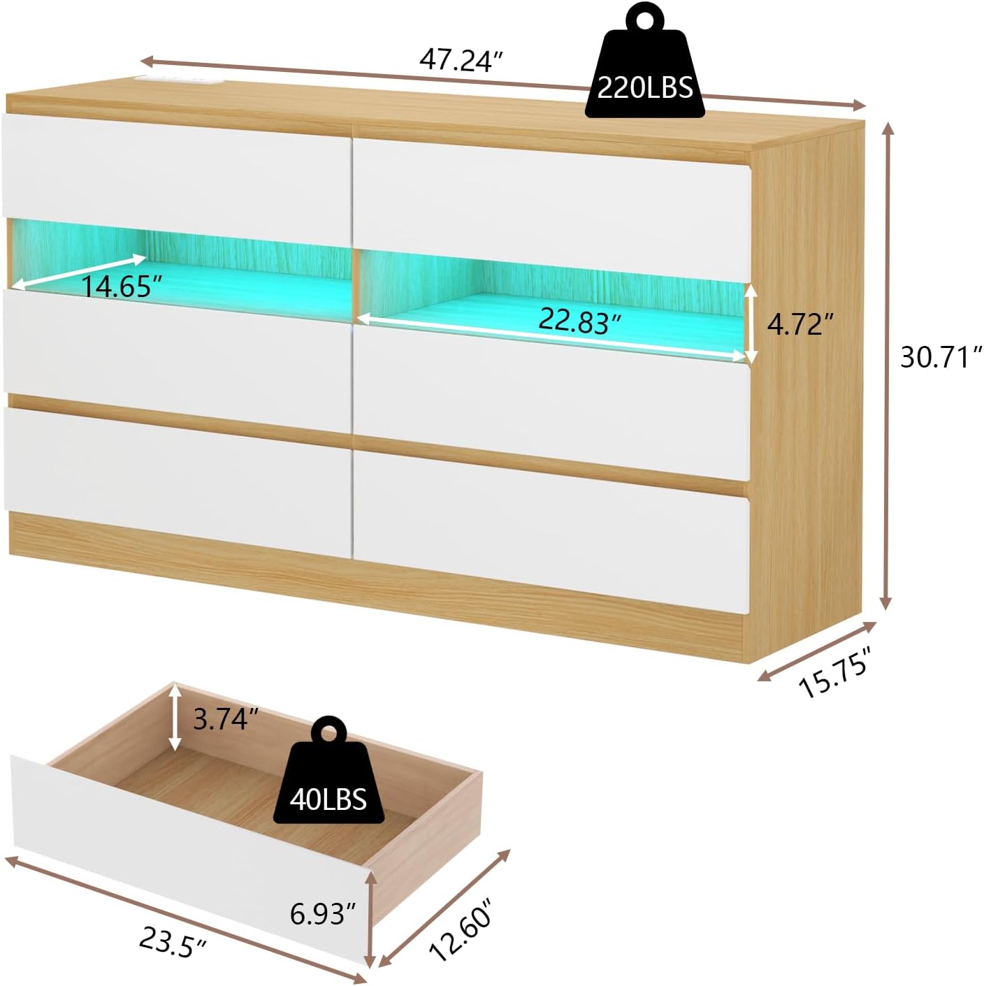 6 Drawer Dresser with Power Outlet & LED Light, Modern Chest of Drawers with 2 Open Cubbies, Double Wide Drawer Dresser Organizer, TV Stand for Bedroom, Entryway (White & Light Wood)