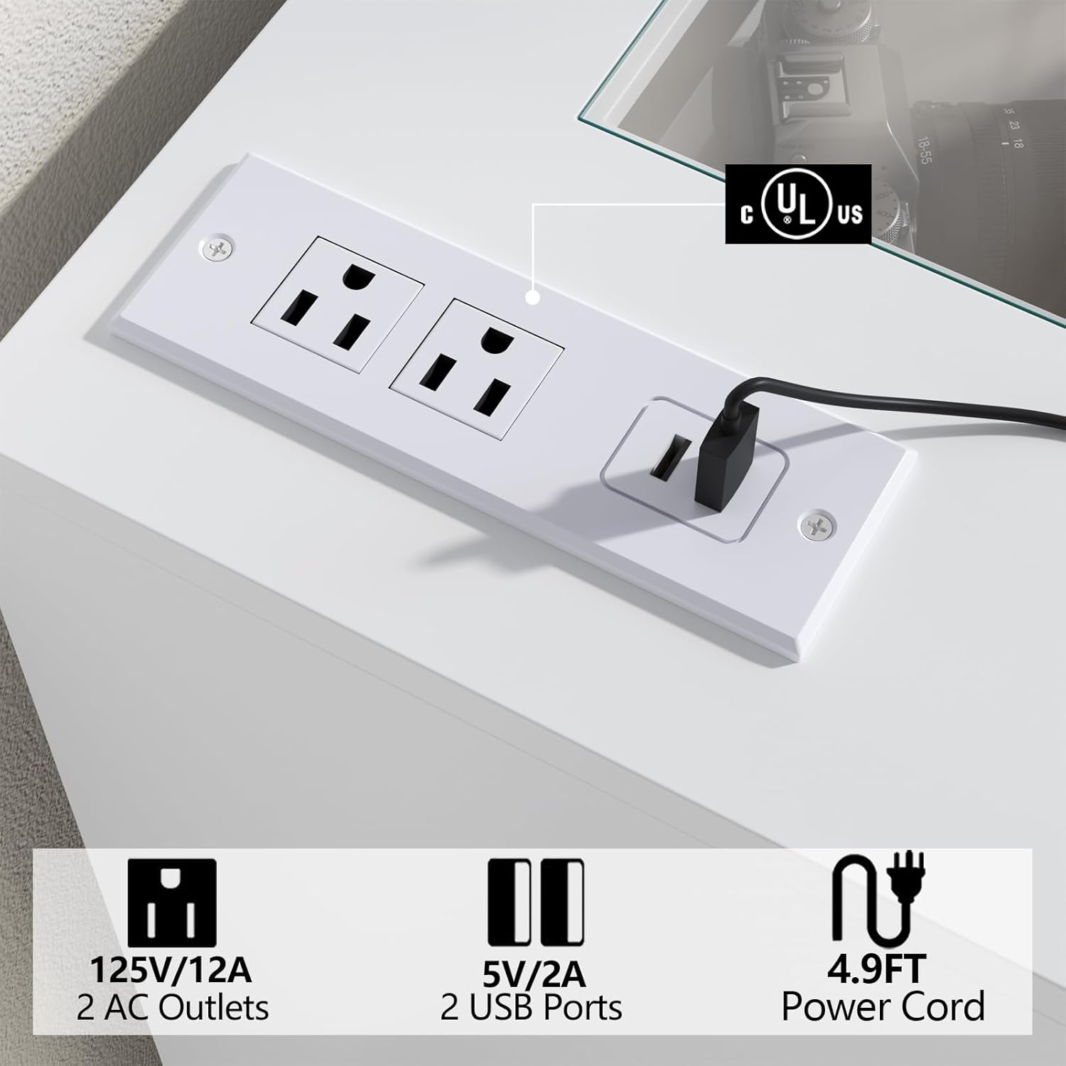 8 Drawer Dresser with Glass Top & Power Outlet, White Dresser for Bedroom with LED Light, Modern Chest of Drawer Double Wide Drawers Organizer Cabinet for Bedroom, Living Room (White)