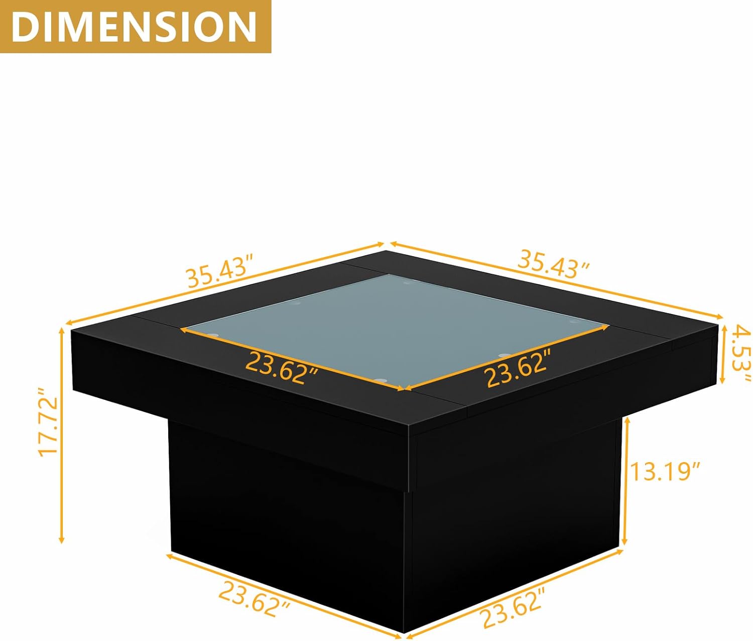 Square Coffee Table with LED Lights, 35.4" Coffee Tables for Living Room, Tempered Glass-top Coffee Table, Black Modern Center Table, Engineered Wood Low Coffee Tables for Home Office