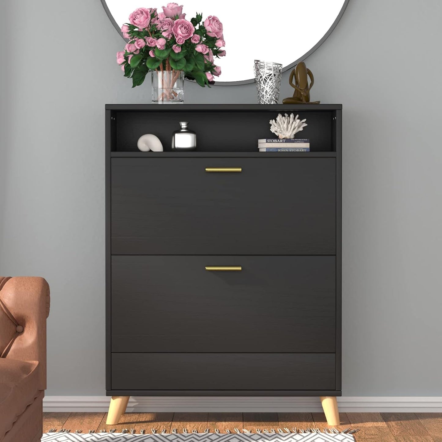Shoe Storage Cabinets, 16 Pairs Free Standing Shoe Organizer with 2 Flip Drawers for Entryway, Narrow 3 Tier Entryway Hidden Shoe Rack with Doors (Black)