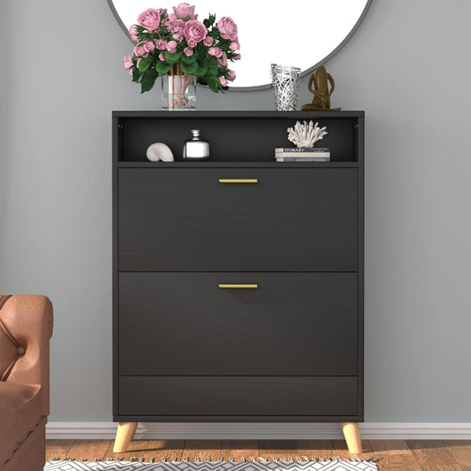 Shoe Storage Cabinets, 16 Pairs Free Standing Shoe Organizer with 2 Flip Drawers for Entryway, Narrow 3 Tier Entryway Hidden Shoe Rack with Doors (Black)