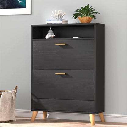 Shoe Storage Cabinets, 16 Pairs Free Standing Shoe Organizer with 2 Flip Drawers for Entryway, Narrow 3 Tier Entryway Hidden Shoe Rack with Doors (Black)