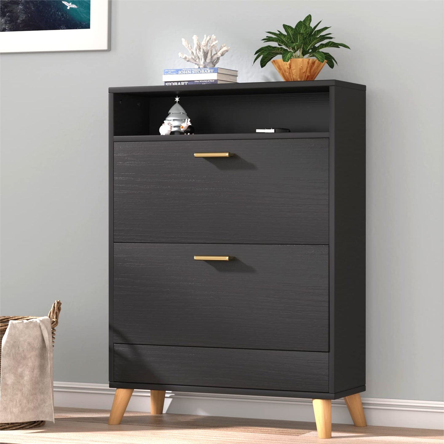 Shoe Storage Cabinets, 16 Pairs Free Standing Shoe Organizer with 2 Flip Drawers for Entryway, Narrow 3 Tier Entryway Hidden Shoe Rack with Doors (Upgraded Rustic)