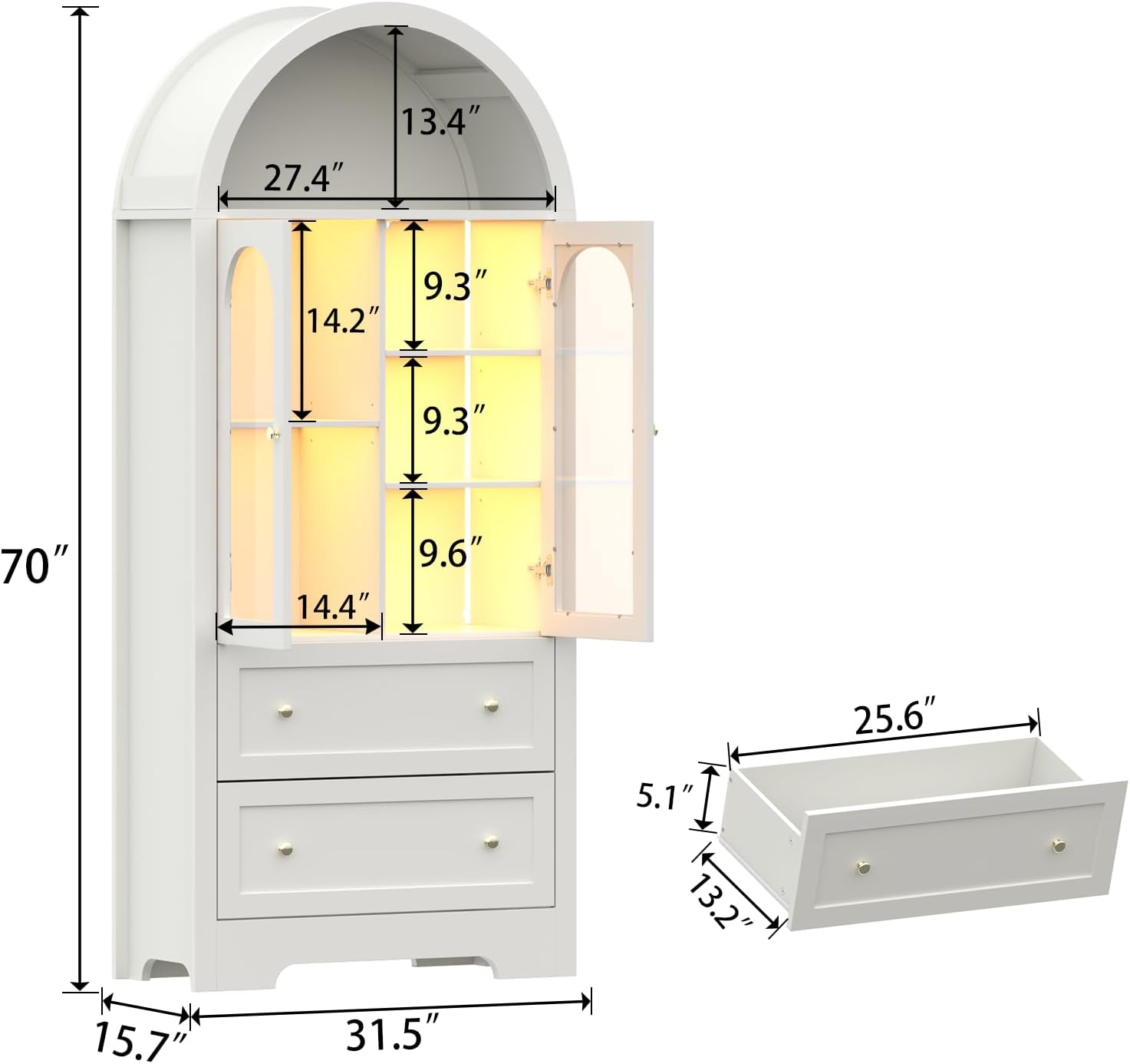 70" Tall Arched Bookcase with LED Lights, Modern Curved Cabinet with Glass Door, Arched Bookshelf Cabinet with 2 Storage Drawers, Display Storage Cabinet with Adjustable Shelves for Living Room,White