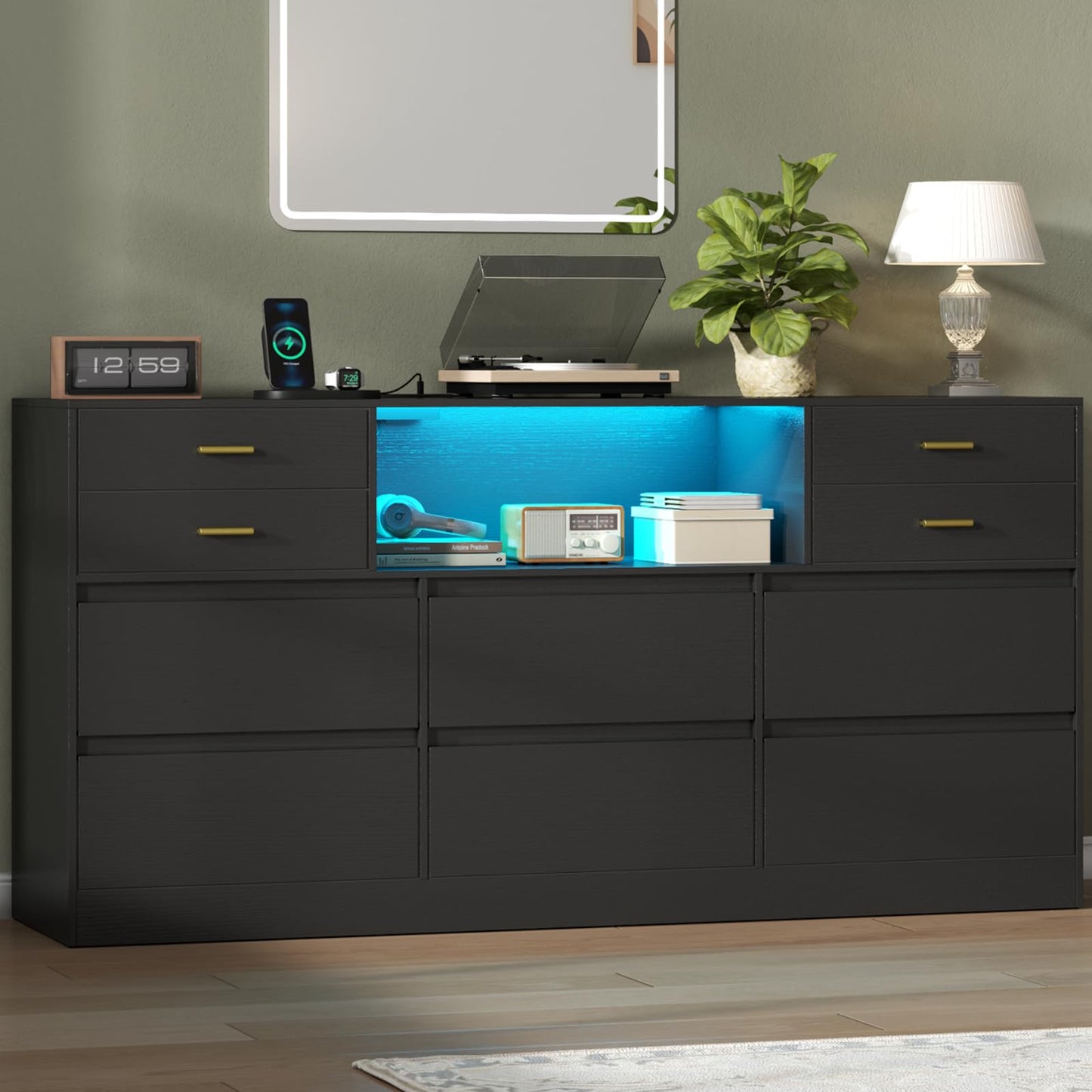 10 Drawers Dresser, LED Dressers & Chests of Drawers with Power Outlet, 58" Wide Long Dresser for Bedroom, Modern TV Stand with 1 Open Storage Cubbies (White)
