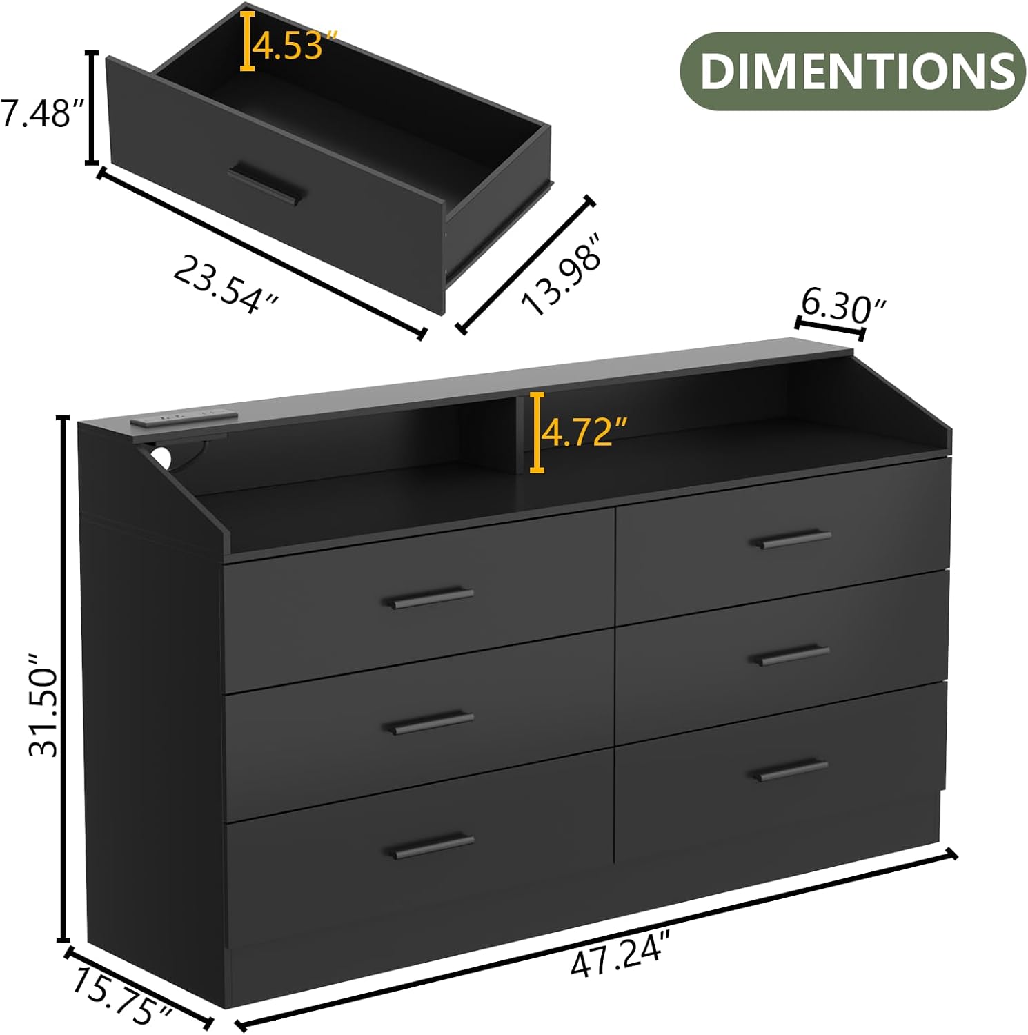 6 Drawer Dresser with Charging Station, Dresser for Bedroom with LED Light, Chest of Drawers for Closet, Modern Dressers with Open Storage Cubby, Double Wide Dressers for Living Room (Black)