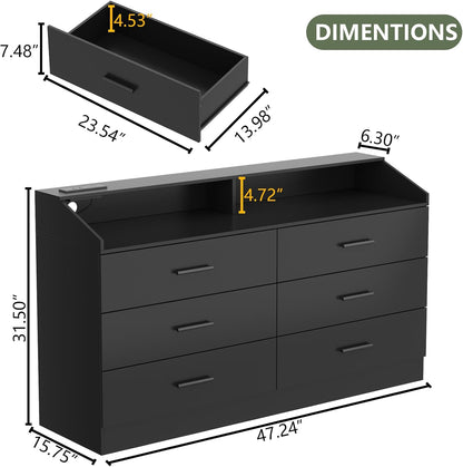 6 Drawer Dresser with Charging Station, Dresser for Bedroom with LED Light, Chest of Drawers for Closet, Modern Dressers with Open Storage Cubby, Double Wide Dressers for Living Room (Black)