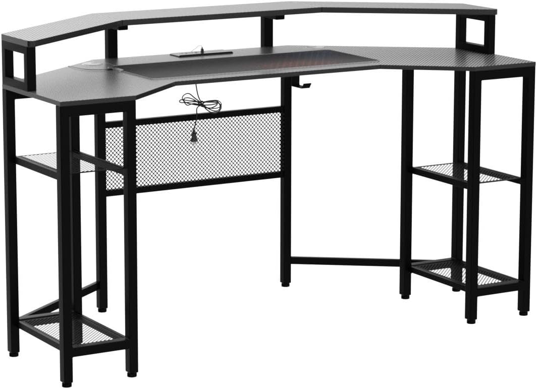 63" Computer Desk with Power Outlet & LED Light, Wing-Shaped Gaming Desk with Shelves, Full Monitor Stand,Wireless Charging,RGB Mouse Pad,Headphone Hook, Home Office Desk (Black)