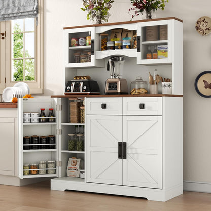 60" Tall Farmhouse Kitchen Pantry Storage Cabinet,Kitchen Hutch with Microwave Stand,Freestanding Buffet Pantry Cabinet with Glass Door and Adjustable Shelves for Dining Room (White)