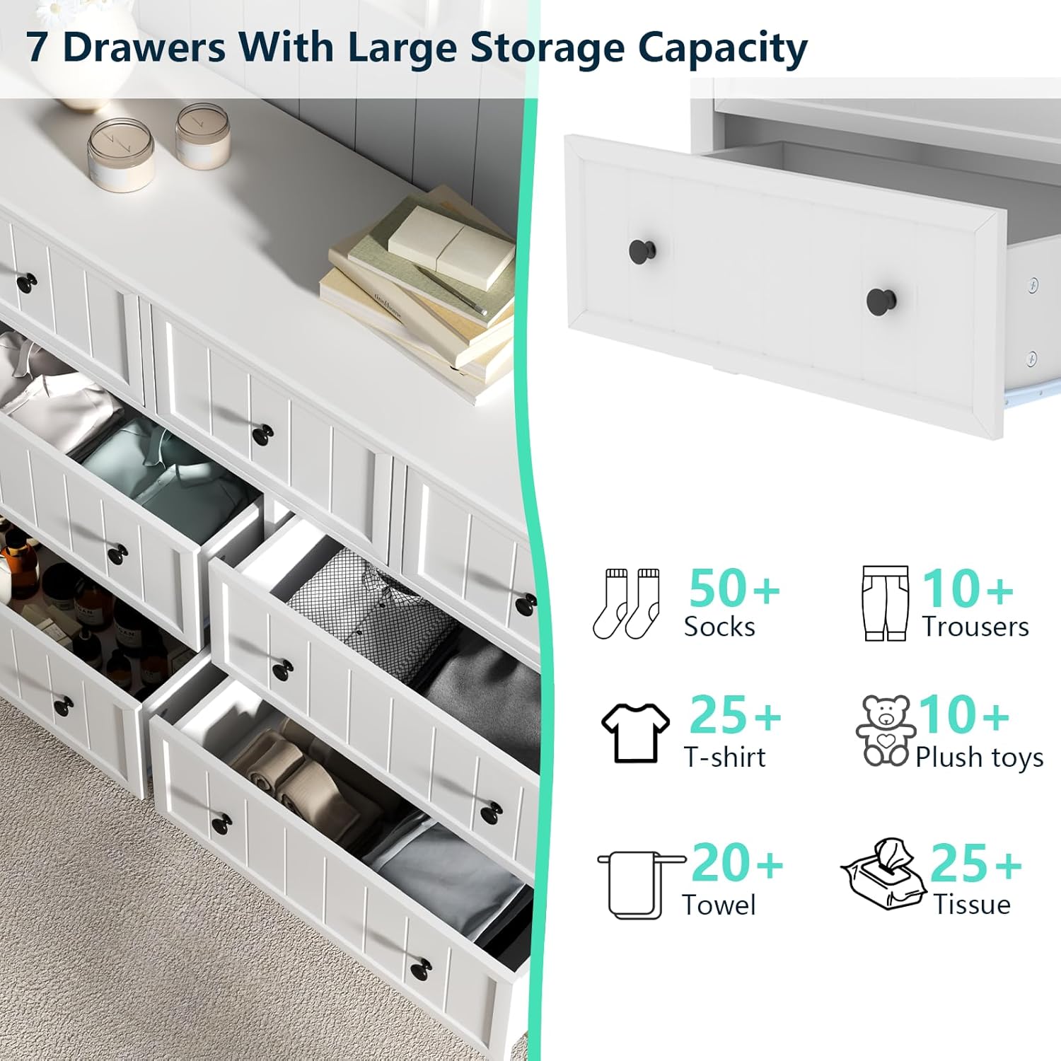 White Dresser for Bedroom, Farmhouse 7 Drawers Dresser with Deep Drawers, Wood Dressers Chest of Drawers with Metal Handles, Wide Modern Dressers Large TV Stand for Living Room, Closet, Hallway