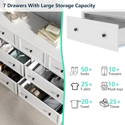 White Dresser for Bedroom, Farmhouse 7 Drawers Dresser with Deep Drawers, Wood Dressers Chest of Drawers with Metal Handles, Wide Modern Dressers Large TV Stand for Living Room, Closet, Hallway