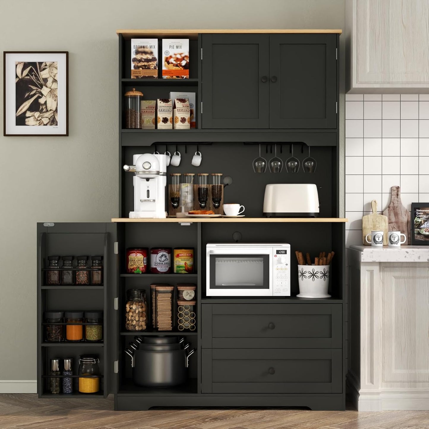 Kitchen Pantry Storage Cabinet,Freestanding Buffet Cabinet with Wine Glass Holder and 2 drawers,Food Pantry with Doors and Shelves,Tall Kitchen Hutch with Microwave Stand for Kitchens (Black)