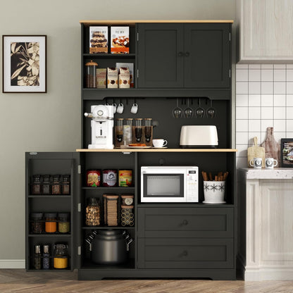 Kitchen Pantry Storage Cabinet,Freestanding Buffet Cabinet with Wine Glass Holder and 2 drawers,Food Pantry with Doors and Shelves,Tall Kitchen Hutch with Microwave Stand for Kitchens (Black)