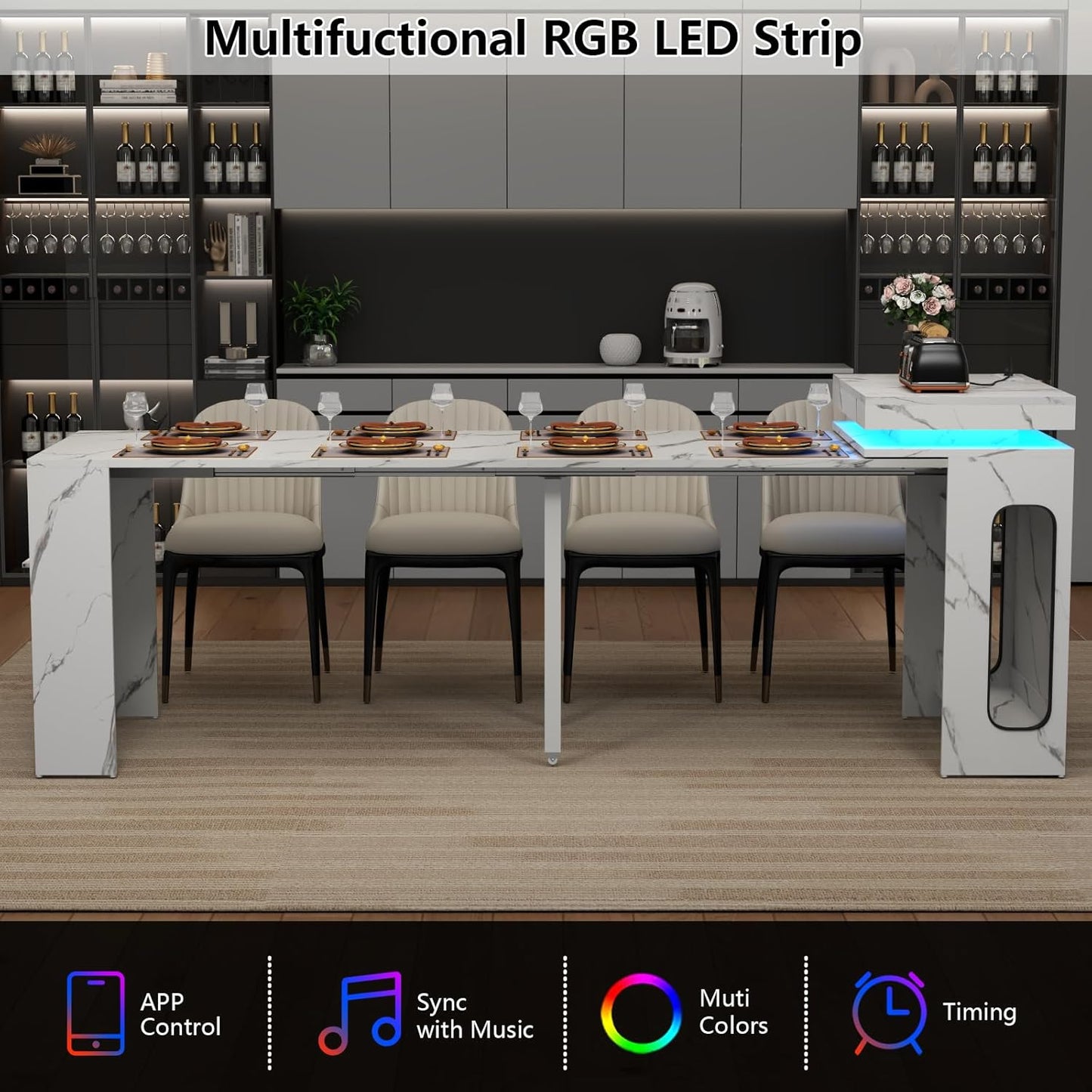 Extendable Dining Table with Charging Station & LED Lights, 19.7" to 98.4" White Faux Marble Dining Table, Rectangle Console Table for 2-8, Modern Space Saving Kitchen Island Table (No Chairs)