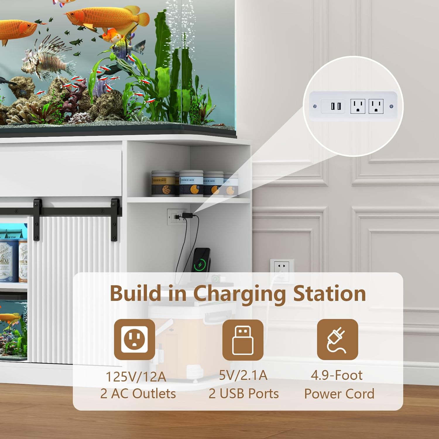 Fish Tank Stand with Power Outlets, Heavy Duty Aquarium Stand with LED Lights and Sliding Fluted Doors, White Storage Cabinet with 2 Large Drawers for Fish Tank, 1000 LBS Capacity