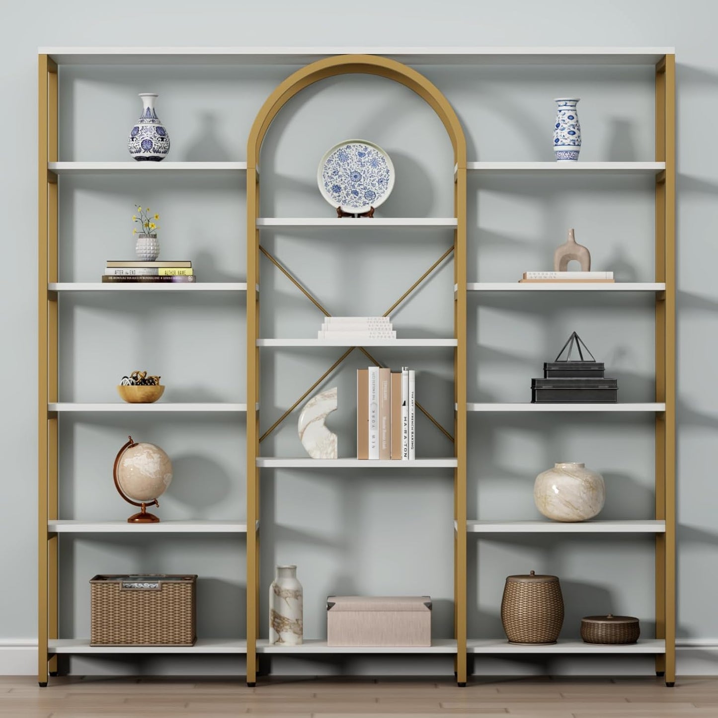 Triple Wide Gold Bookshelf, 70.87" W x 71.34" H Large Modern Etagere Bookcase, Tall Display Shelf with 13-Tier Open Shelves, Freestanding Staggered Storage Shelf for Home Office (White/Gold)