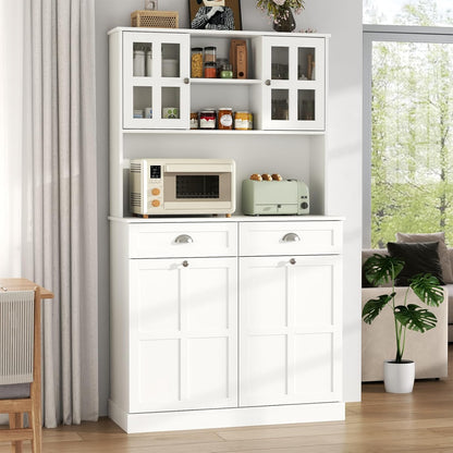 Kitchen Pantry Cabinet with Double Tilt Out Trash Cabinet, 68" Tall Storage Cabinets with 2 Drawers & Hutch, 20 Gallon Hidden Trash Can Cabinets, Kitchen Cupboard with Microwave Coffee Stand