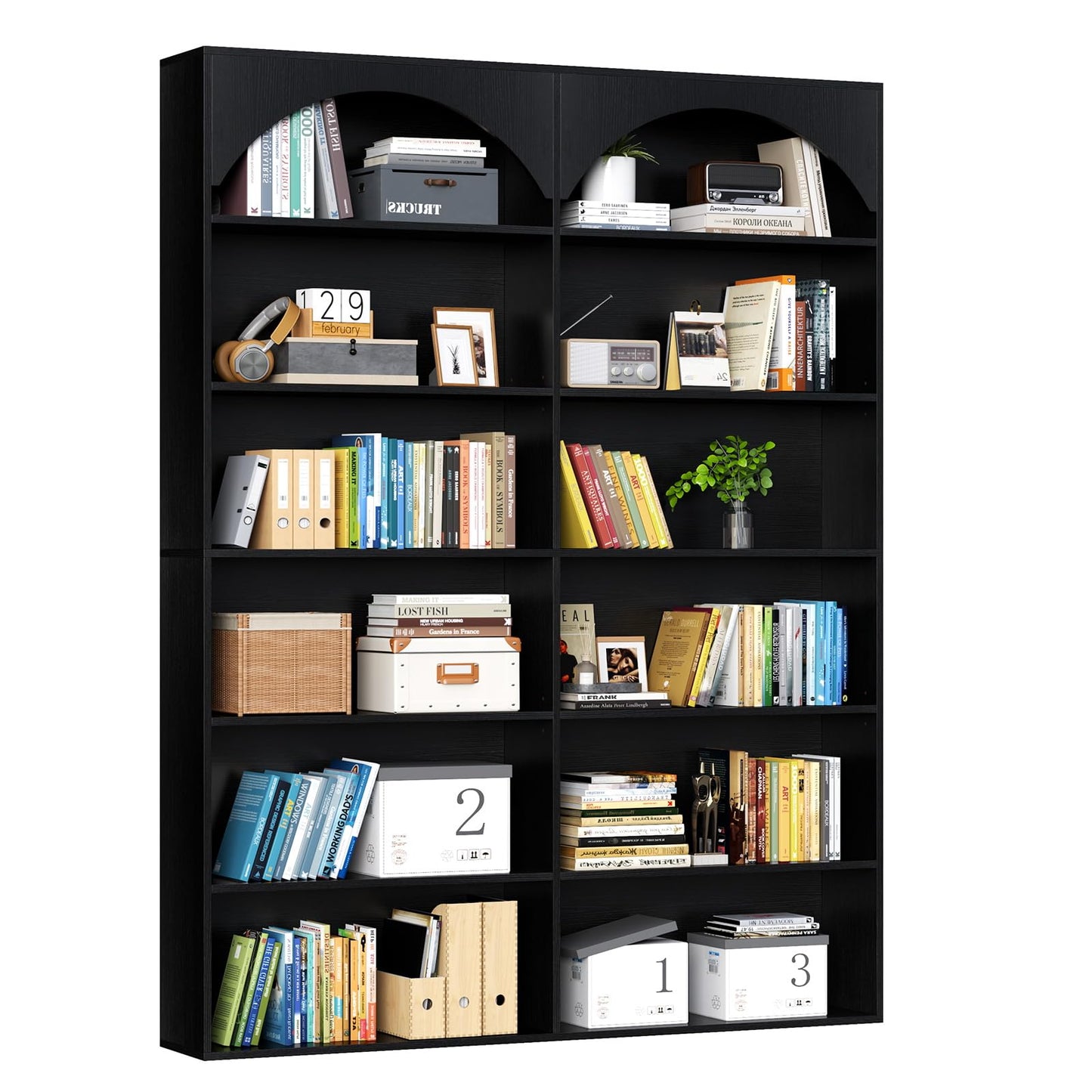 70.8’’ Tall Bookshelf and Bookcase of 2 pcs, 7-Tier Double Wide Bookcase Modern Large Open Display Shelves with Curved Baffle for Home Office Living Room (White-2pcs)