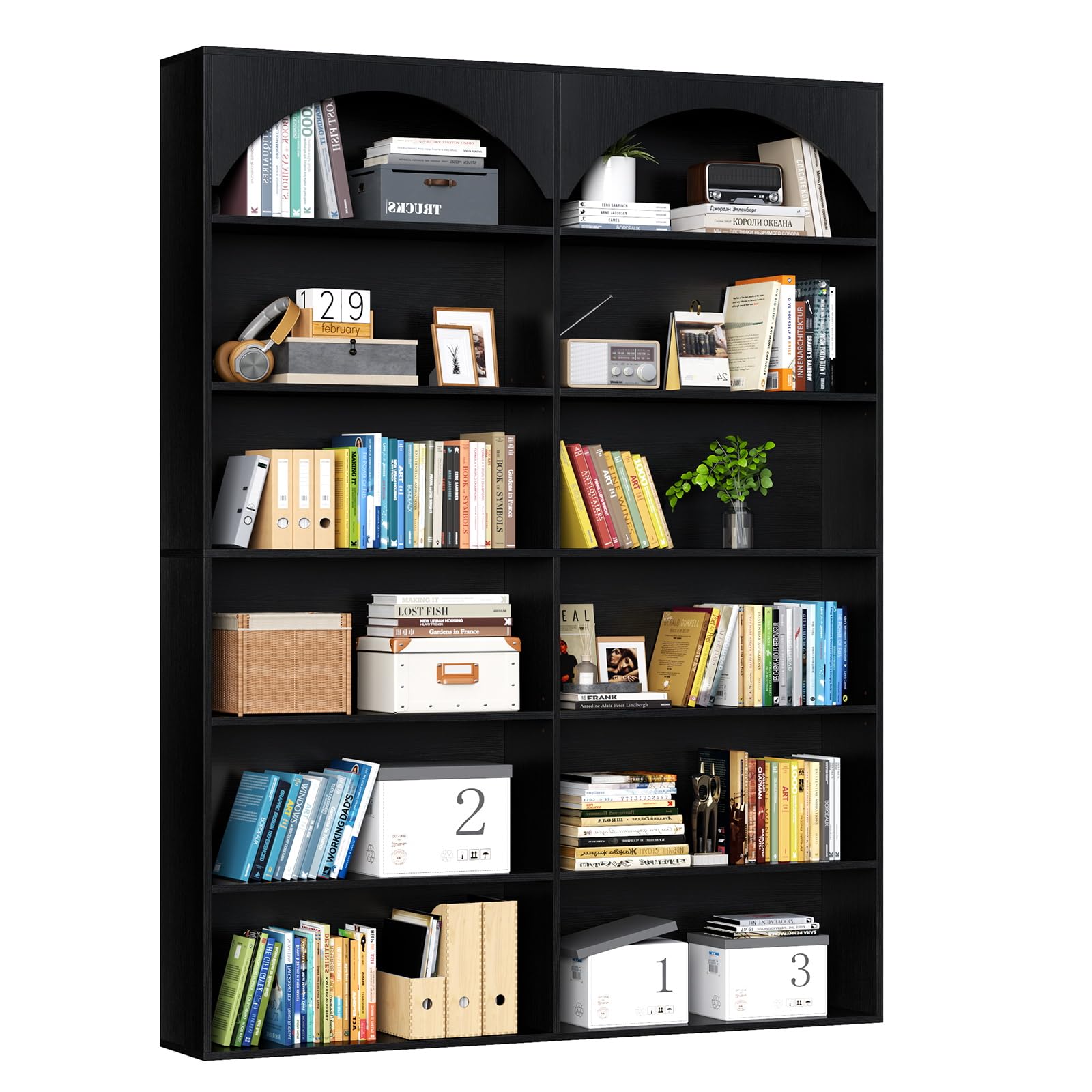 70.8’’ Tall Bookshelf and Bookcase of 2 pcs, 7-Tier Double Wide Bookcase Modern Large Open Display Shelves with Curved Baffle for Home Office Living Room (White-2pcs)