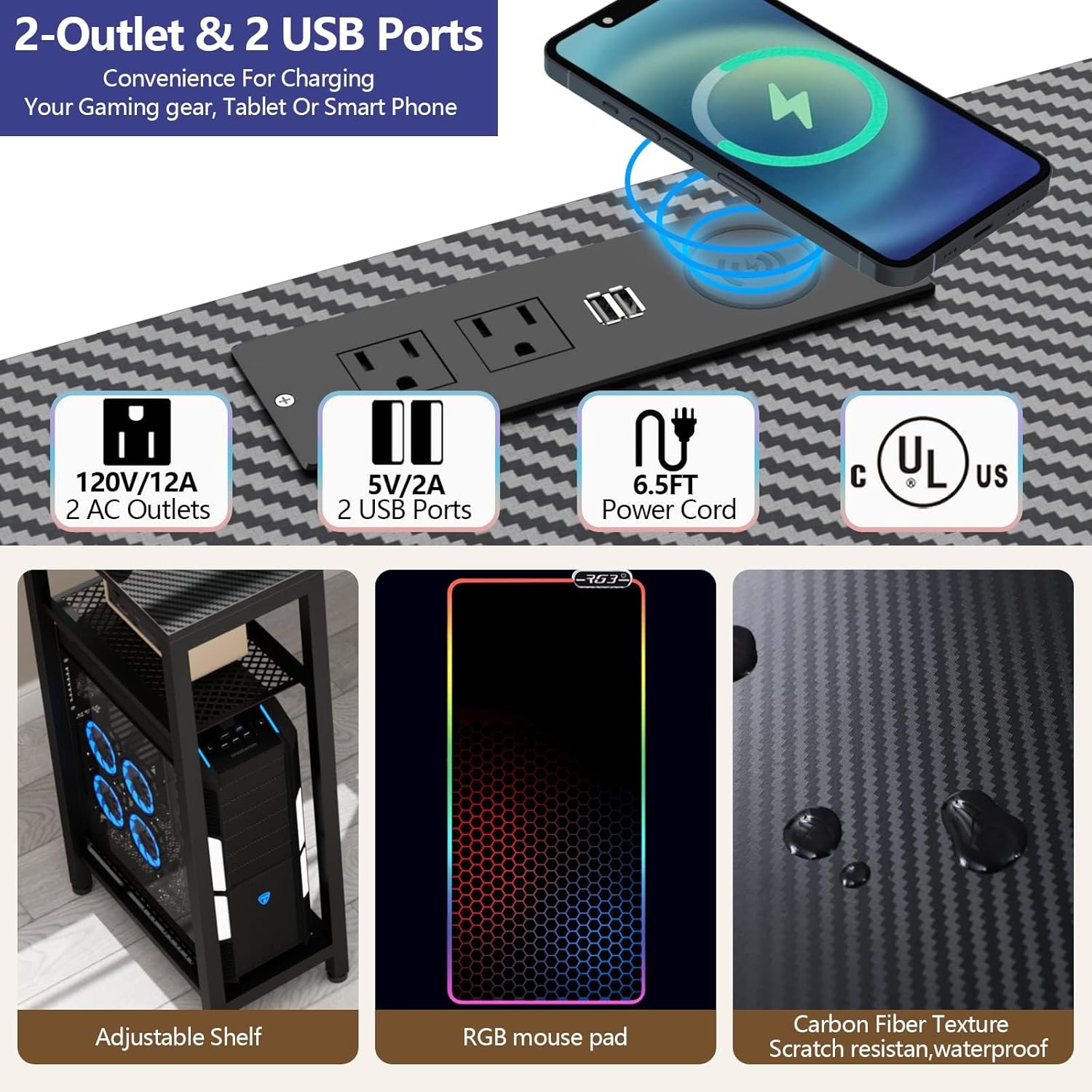 Gaming Desk with Power Outlets & LED Lights, 63" Wing-Shaped Computer Desk with Full Monitor Stand,Wireless Charging,Shelves,RGB Mouse Pad, Studio Desk Corner Desk with Headphone Hook (Black)