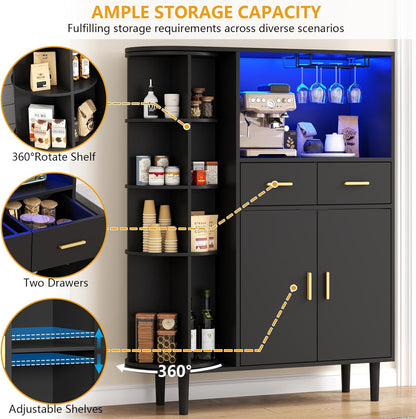 Kitchen Pantry Storage Cabinet with Charging Station and LED Lights, Freestanding Buffet Sideboards with Wine Glass Holder,Food Hutch Cabinet with Rotation 4-Tier Storage Rack for Kitchen(Black)