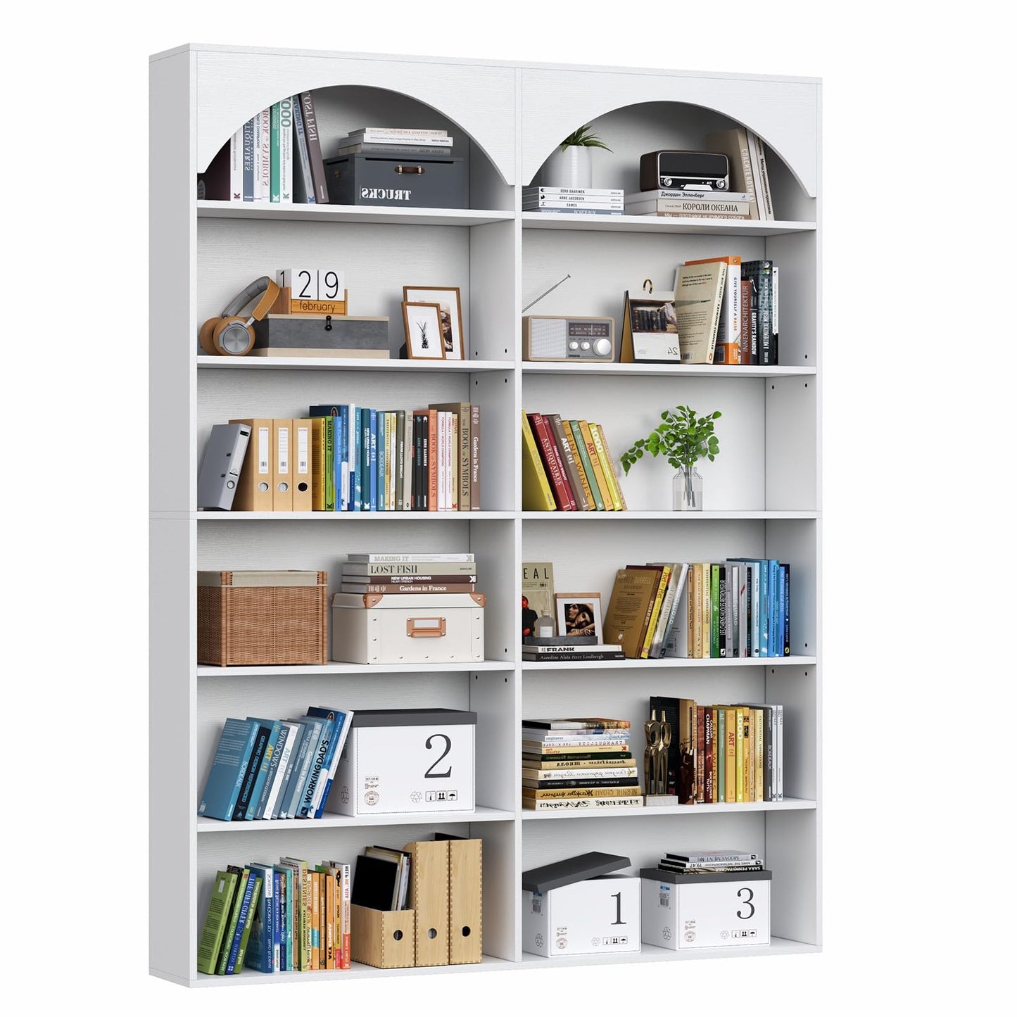 70.8’’ Tall Bookshelf and Bookcase of 2 pcs, 7-Tier Double Wide Bookcase Modern Large Open Display Shelves with Curved Baffle for Home Office Living Room (White-2pcs)