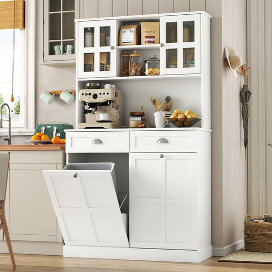 Kitchen Pantry Cabinet with Double Tilt Out Trash Cabinet, 68" Tall Storage Cabinets with 2 Drawers & Hutch, 20 Gallon Hidden Trash Can Cabinets, Kitchen Cupboard with Microwave Coffee Stand